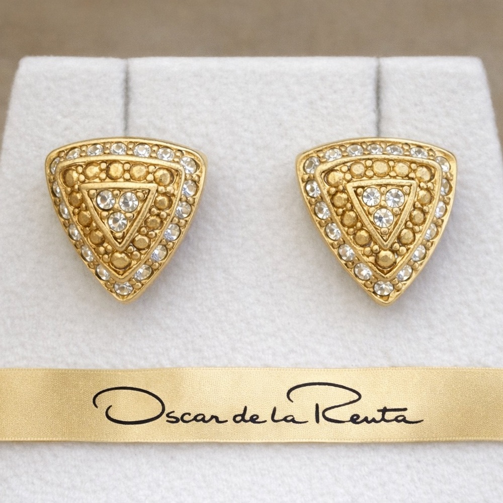 Oscar de la Renta Triangular Gold tone Earrings with Crystal Accents.